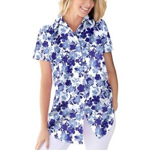Woman Within perfect short sleeve shirt button up blue floral cotton large 18/20